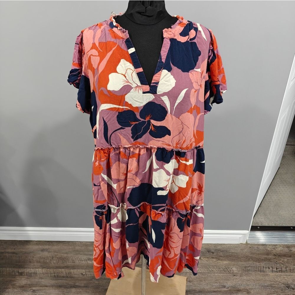 🐢 Terra & Sky Women's Plus Size 2X Floral Tiered Dress with short flutte